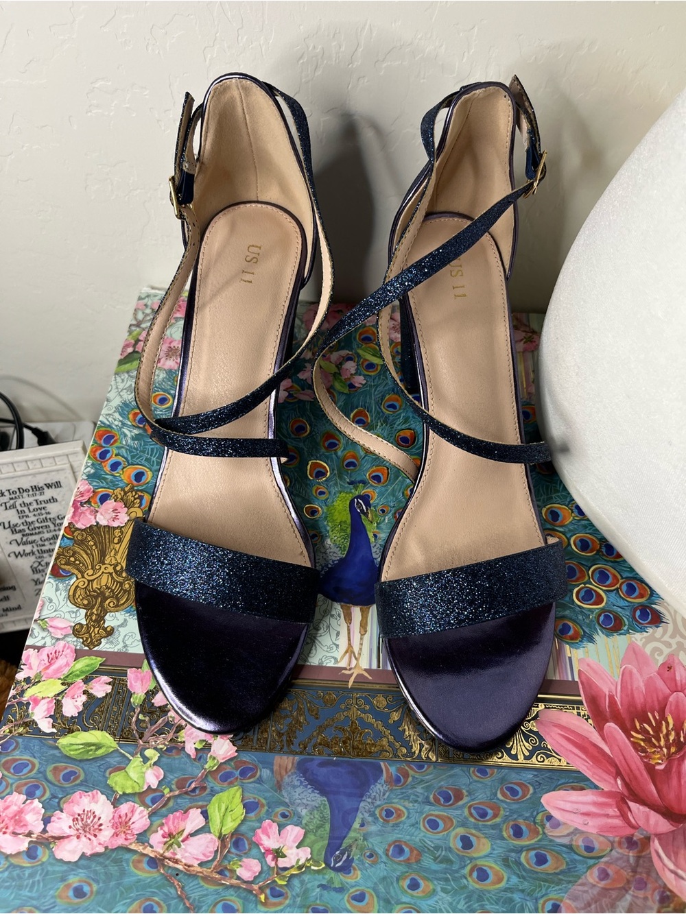 Allegra K Glitter Crisscross Strap Block Heel Sandals Navy Blue Size 11 - Picture 2 of 8